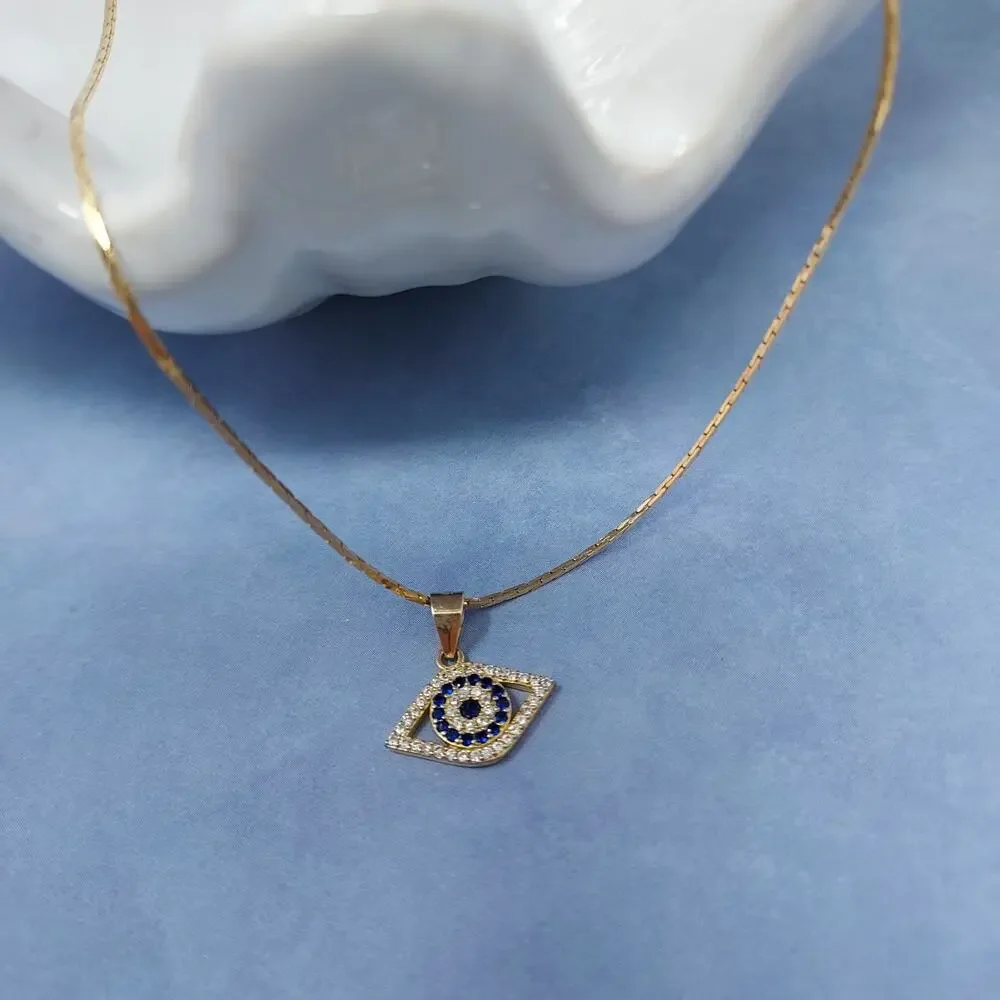 Evil Eye Pendant 14mm Chain Blue Clear Rhinestones Pendant Marked 925 UNTESTED